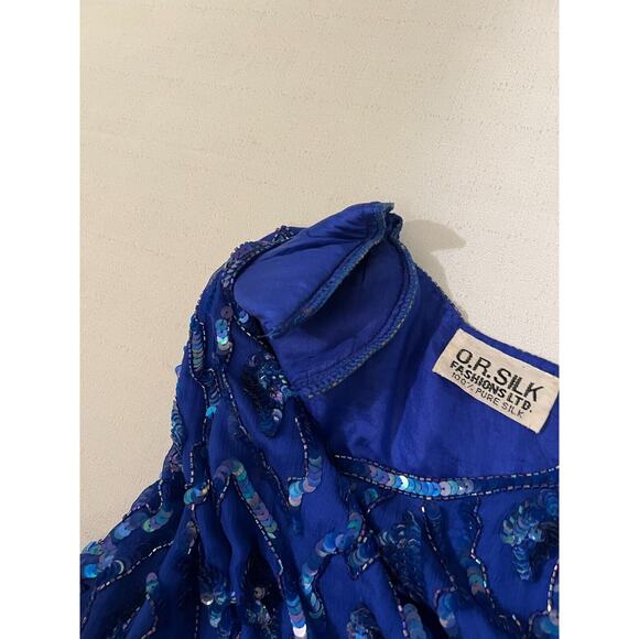 O.R. Silk Dress‎ Women's Small Blue Beaded Sequin Evening Cocktail Dress Vintage - Picture 11 of 15